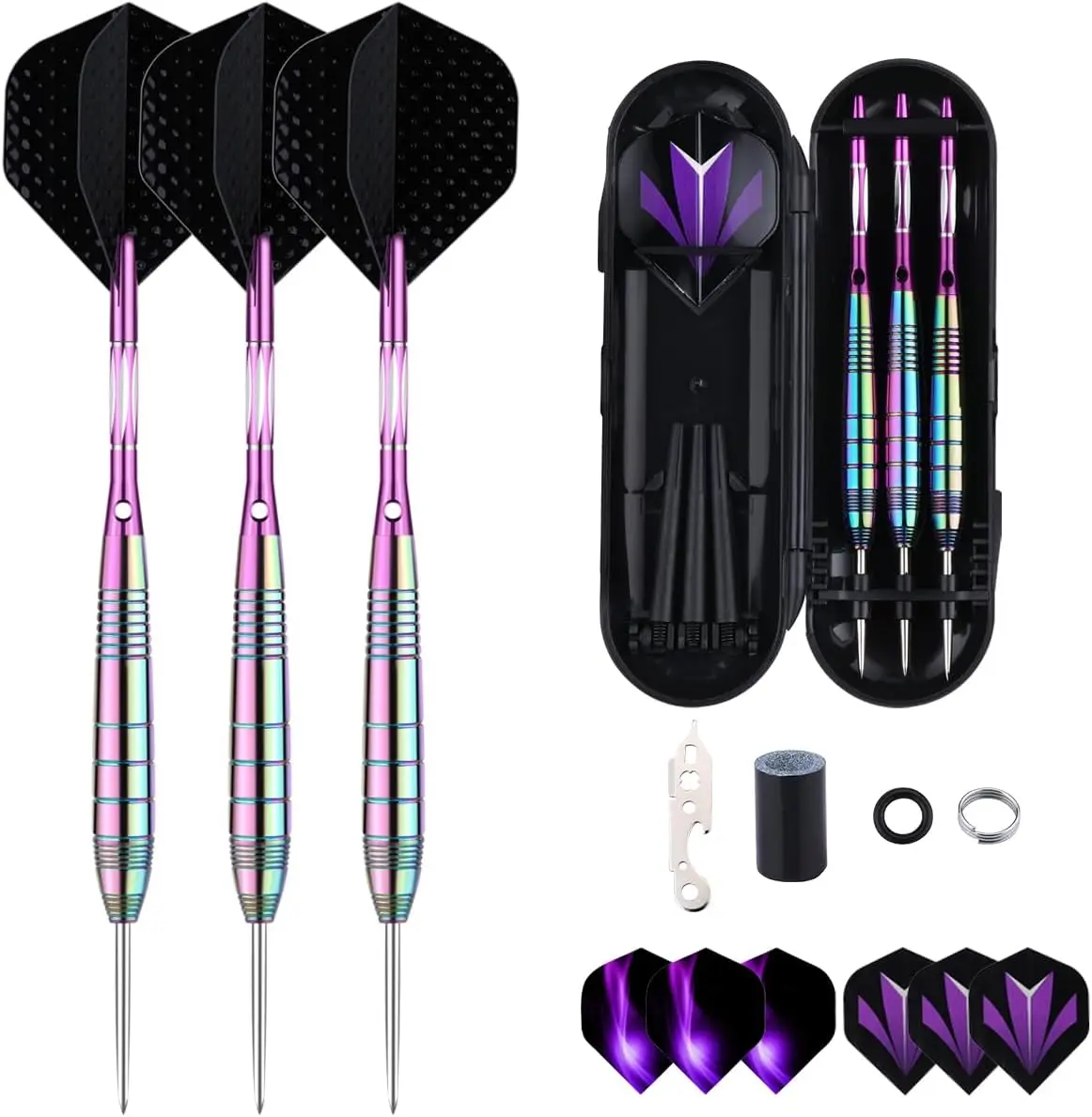 

Профессиональный набор дротиков со стальными наконечниками для дартборда, латунные металлические наконечники с черно-фиолетовыми алюминиевыми нейлоновыми стержнями, включает аксессуары