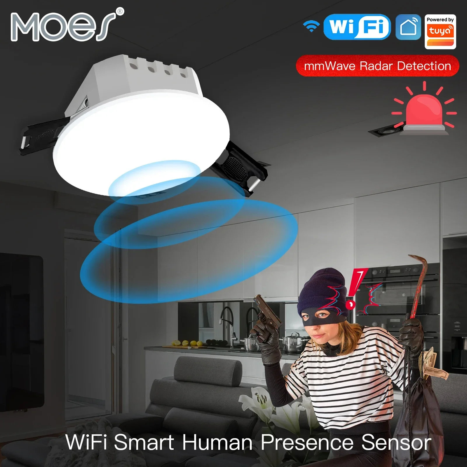 MOES Tuya WiFi Sensore corpo intelligente Rilevamento radar a onde millimetriche Fotometrico Funzione 2 in 1 Smart Life APP Hub PIR da soffitto