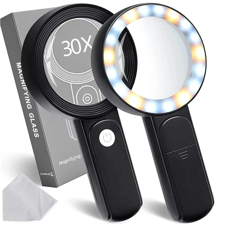 30X Handheld Magnifying Glass with 18 LED Lights for Seniors Reading, 3 Modes Cold & Warm Light, USB Rechargeable, Ideal for Jewelry Identification
