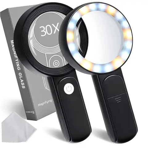 30X Handheld Magnifying Glass with 18 LED Lights for Seniors Reading, 3 Modes Cold & Warm Light, USB Rechargeable, Ideal for Jewelry Identification