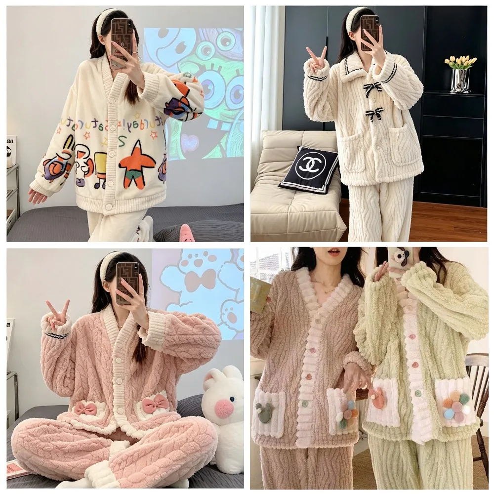 Thickened Warm Flannel Women's Sleepwear Casual Wear Cardigan Set Winter Sweet and Soft Fairy Style Women's Sleepwear Home Wear