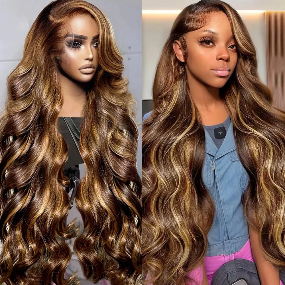 

P4/27 Highlight Body Wave 13x6 HD Lace Frontal Wig P4/27 Colored Human Hair Wig 200 Density 46 Inches Human Hair Wigs For Women