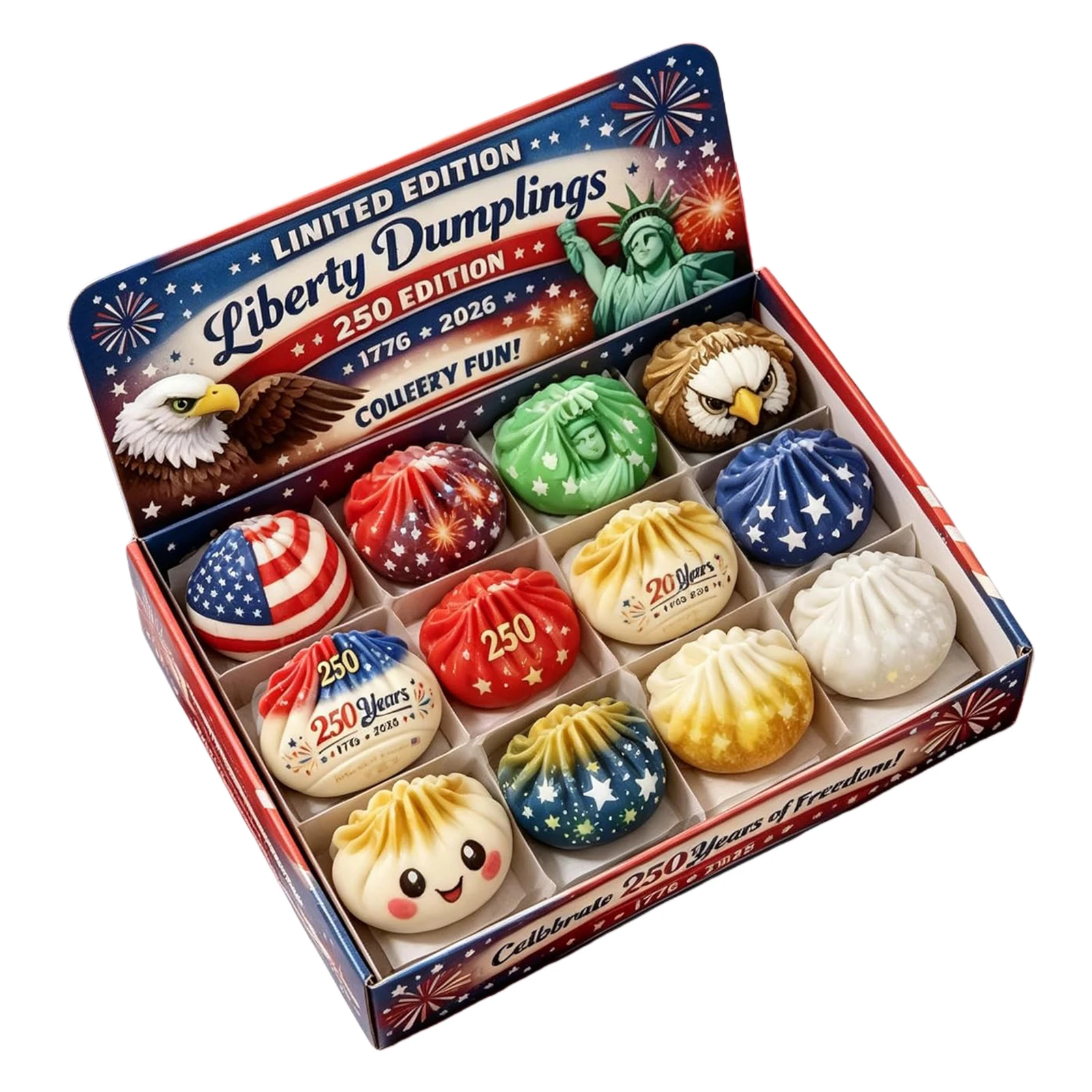 12pcs/Set USA Anniversary Liberty Dumplings USA 250th Anniversary Giant Glitter Dumplings Box 1776-2026 Gift for Kids Adults