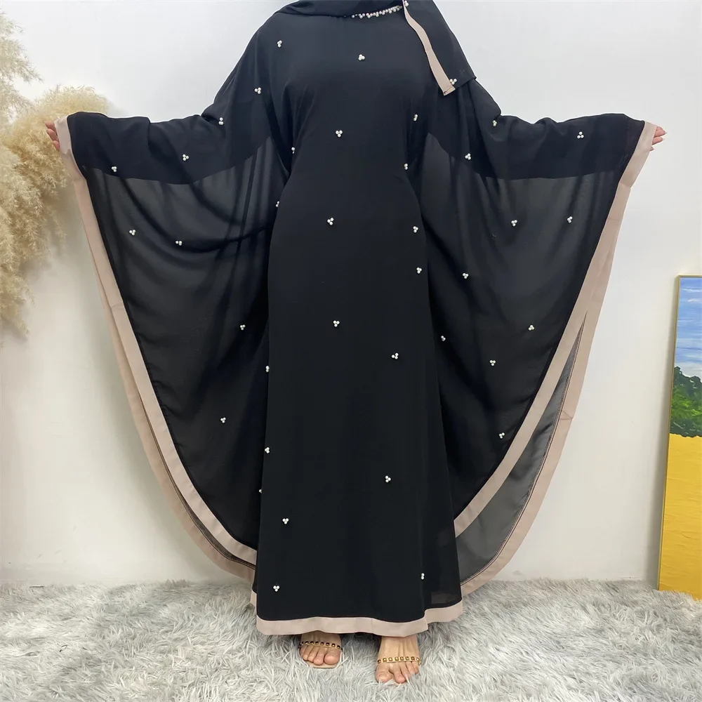 

Chiffon Loose Muslim Middle East Turkey Fashion Splicing Women Robe Batwing Sleeve Dress with Headscarf Hijab