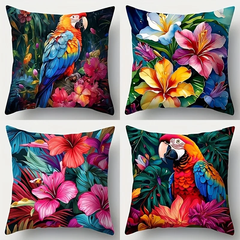 Bright Flowers and Parrot Print Home Decor Pillow Cover Bedroom Living Room Sofa Decoration Polyester Cushion Cover with Zipper