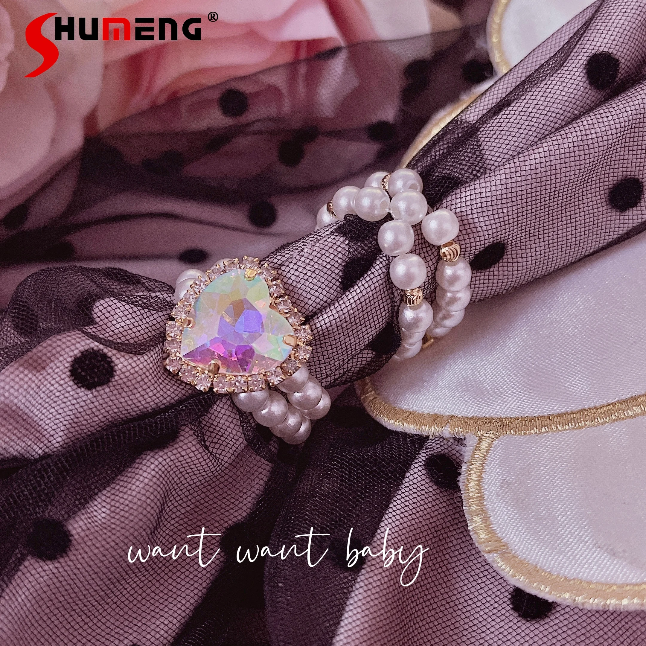 Japanese Style Romantic Girl Ring Handmade Mass-Produced Mine Ornament 2023 New Sweet Cute Heart Shape Rhinestone Pearl Rings