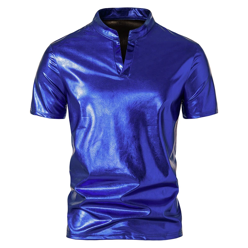 Mens Hipster Glossy Gold Short Sleeve Polo Shirt Henry Collar 70s Disco Nightclub Party T-Shirts