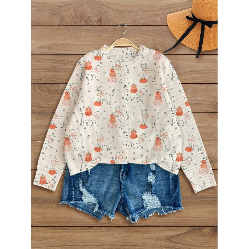 

Розовый свитер с принтом котенка из мультфильма, мягкий вязаный свитер, женский осенний кардиган, длинный рукав, круглый вырез, теплый свободный крой