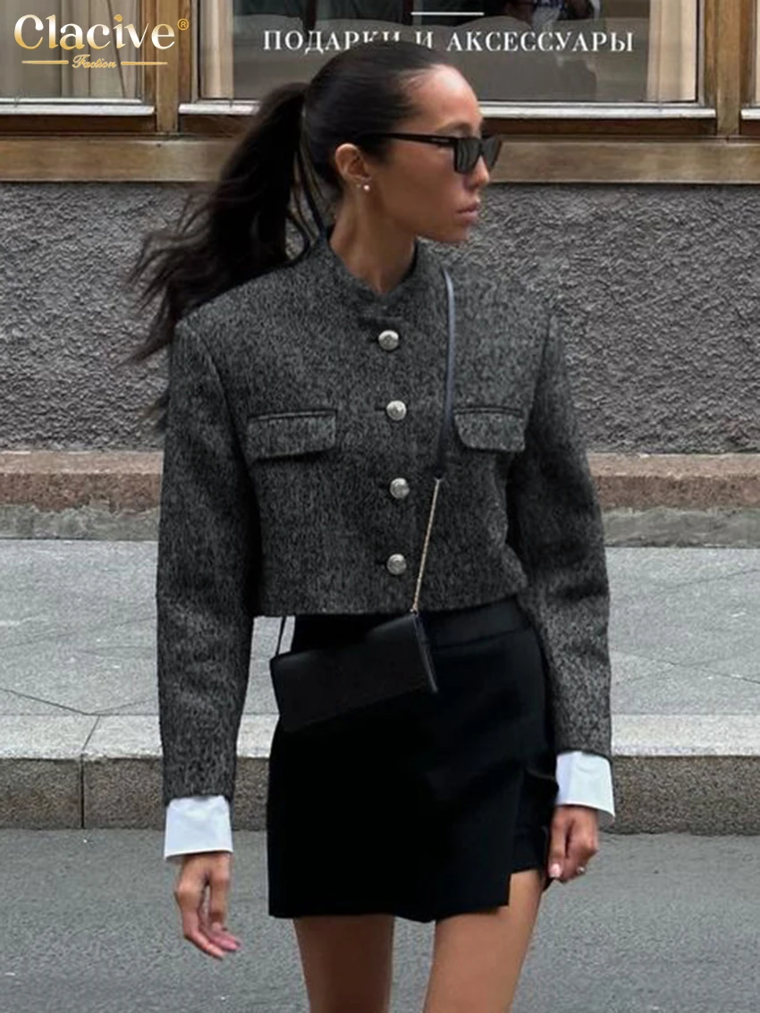 

Clacive Fashion Loose Gray Women's Coats 2025 Winter O-Neck Long Sleeve Jacket Elegant Classic Solid Top Female Clothing