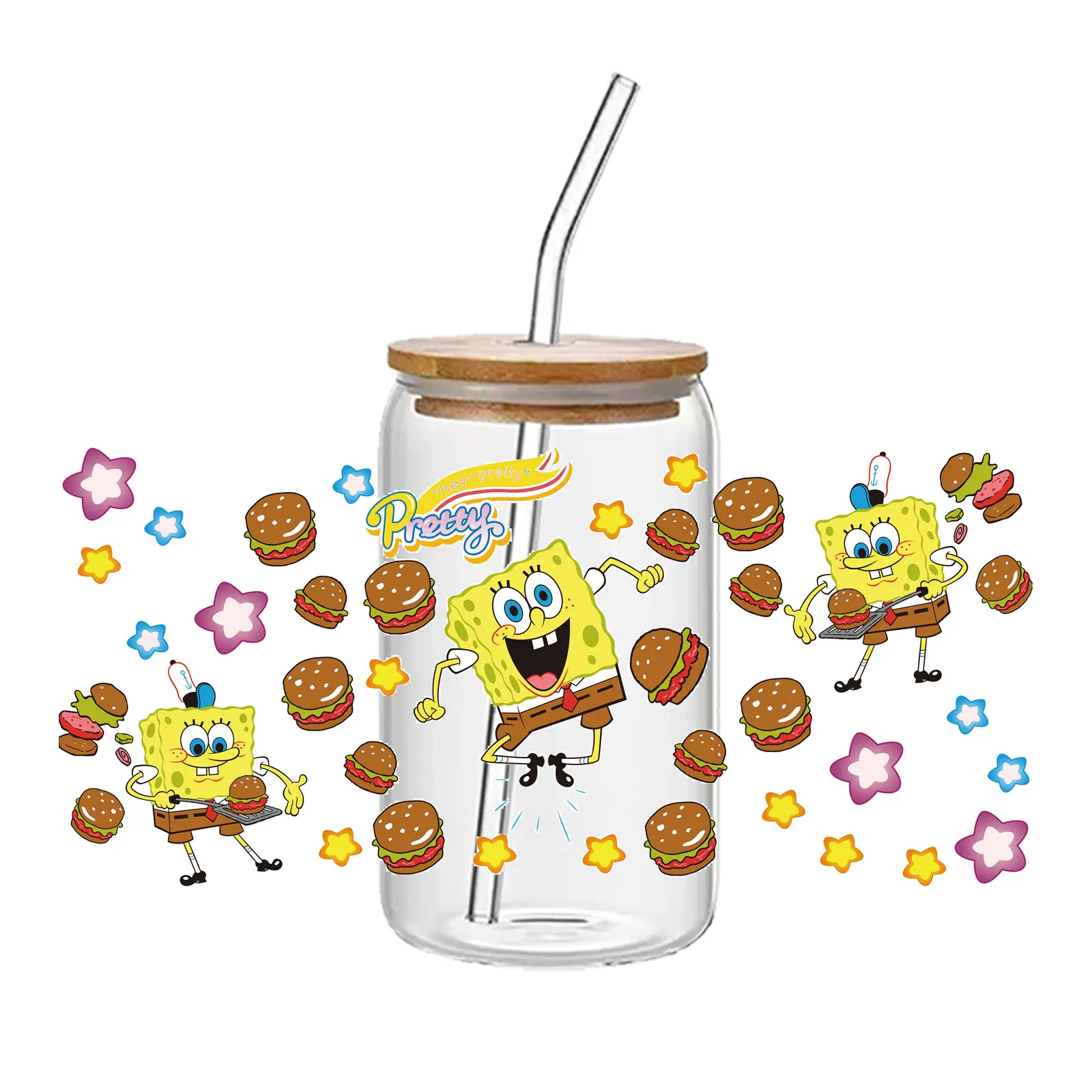 SpongeBob UV DTF Transfer Sticker Voor 16oz Libbey Glas Sticker Cup Wrap Decal DIY Permanente Zelfklevende Waterdicht