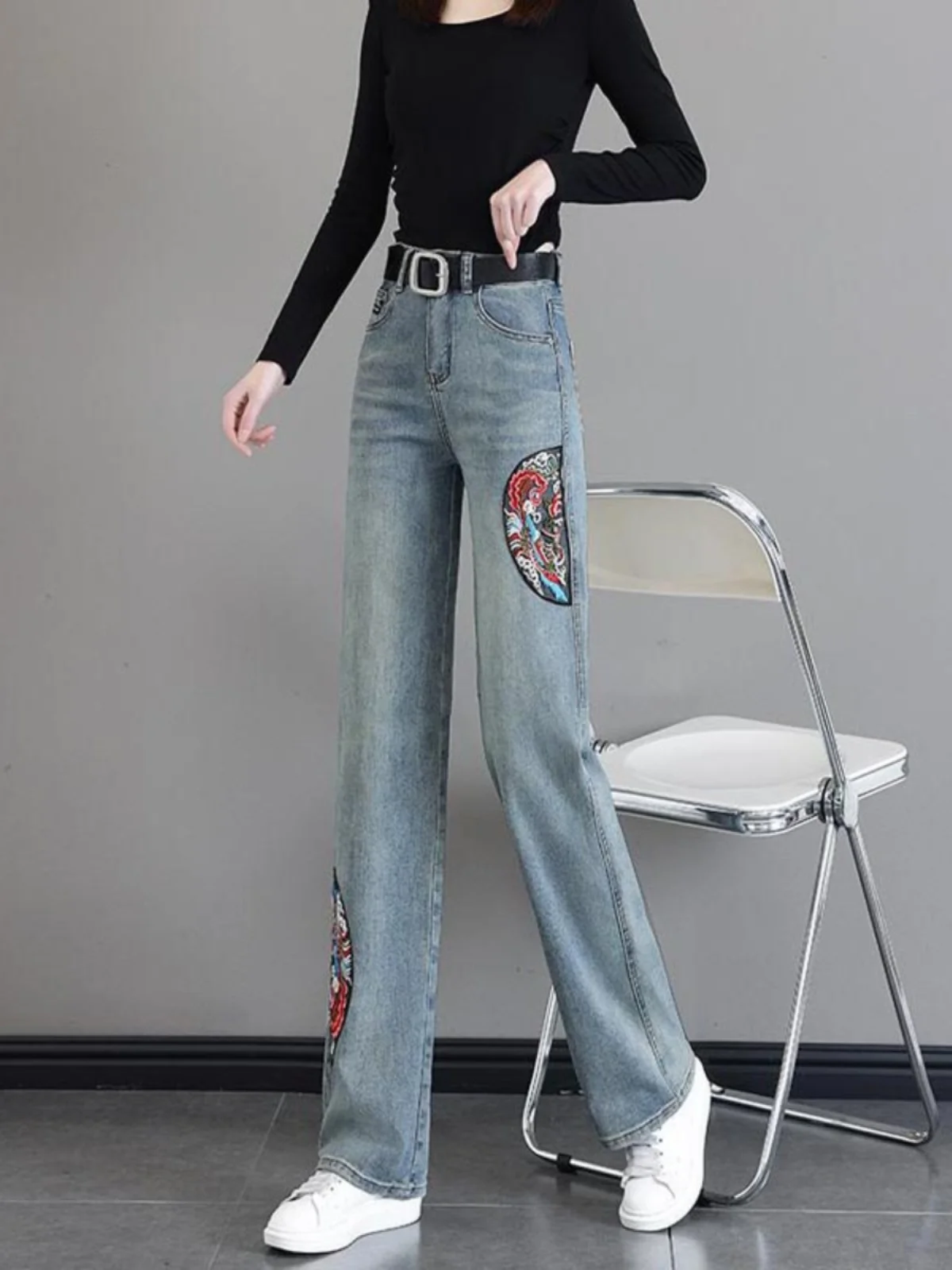 

Ele Chinese Embroidered Straight Leg Jeans Women's High Waist Cotton Blend Spring Summer New Sle Slimming Wide Leg Pants