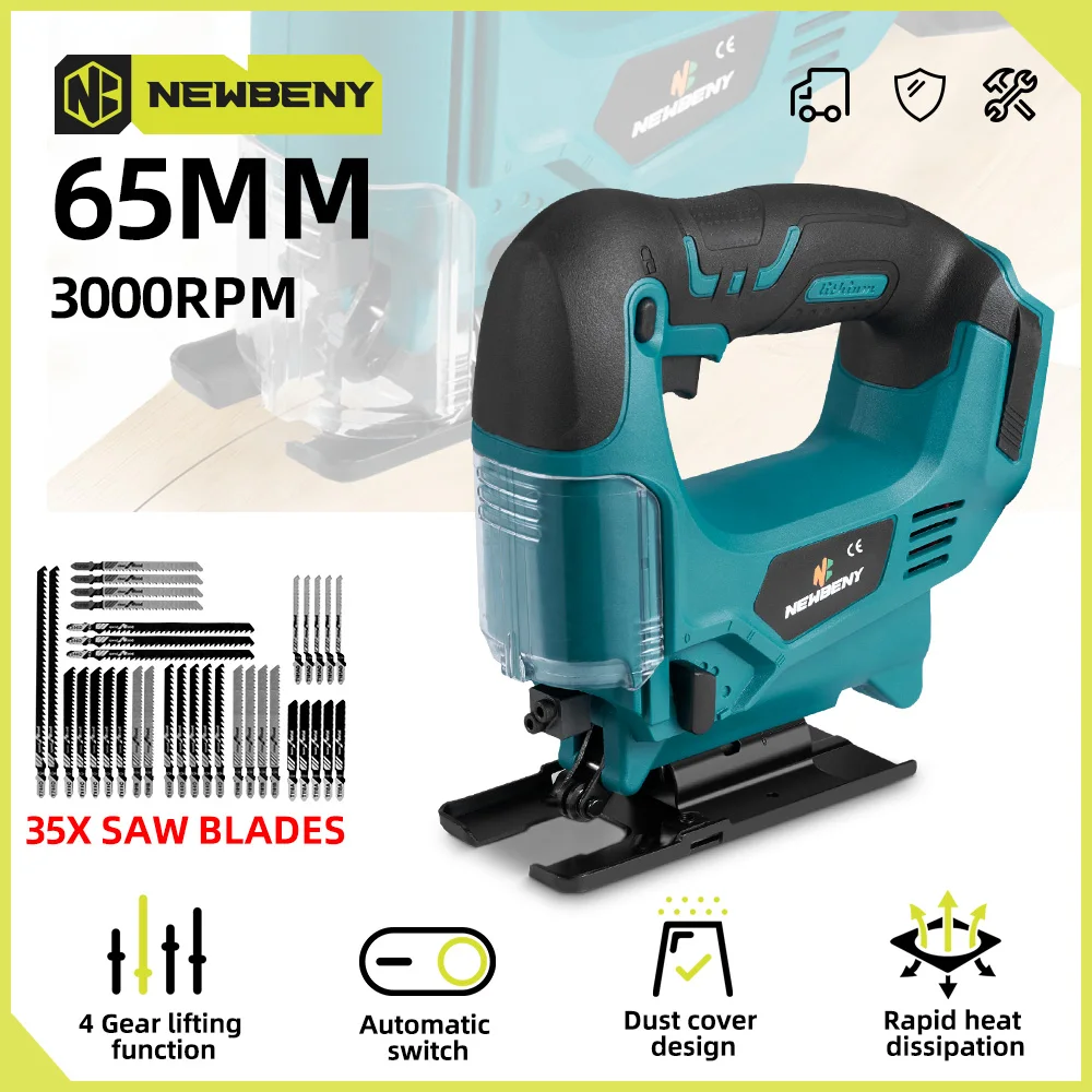 NEWBENY 65MM Cordless Electric Jig Saw Curved Saw Multi-Function Cutting Pipes Power Tool and 35pcs Blade For Makita 21V Battery