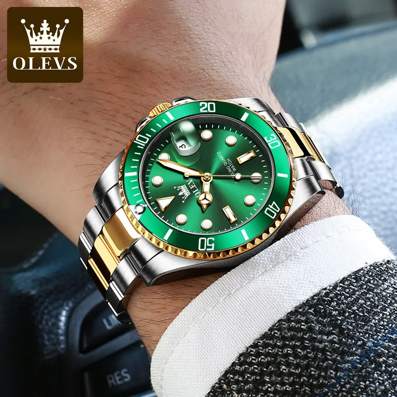 OLEVS Quartz Watch for Men Diver Green Waterproof Waterproof Wristwatch Luminous Calendar Quartz Men Luxury Watch Original 5885