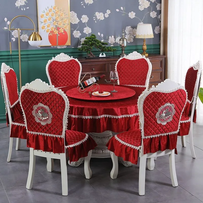 

New Chinese Style Round Table Cloth Home Decorative Dining Table Cloth+Chair Cover Set Quilted Flower Pattern Dust Tablecloth