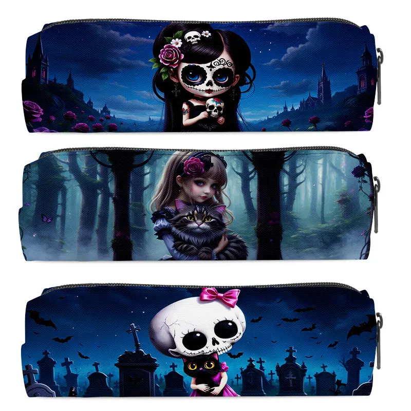Gothic Skull Girl Graphic Print Pencil Bag Large Capacity Stationery Bag Dark Fantasy Art Pencil Box for Office School Supplies