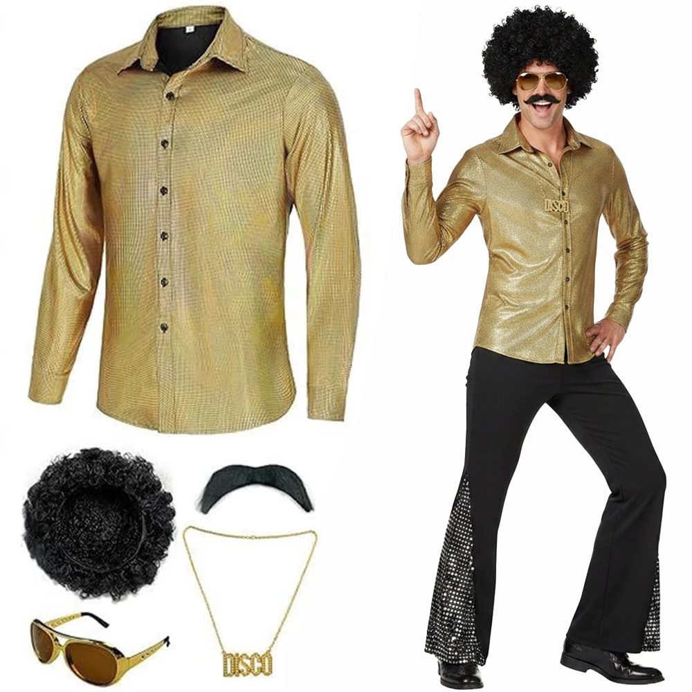 

6Pcs Men Disco Costume Set 1970S Retro Stage Performance Suit with Big Hair Sunglasses Mustache and Necklace Halloween Costume