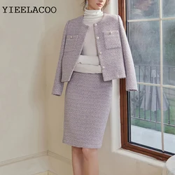 Purple Tweed jacket + Skirt Suit  Professional Set fringed jacket  Women's Woolen Coat Autumn/Winter 2-Piece Set