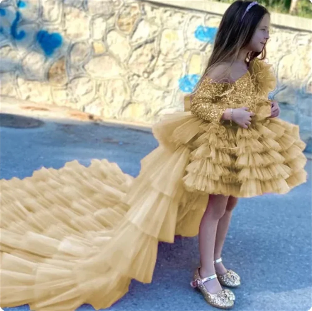 

Customized Layered Flower Girl Dresses For Wedding Sparkly Sequins One Shoulder With Trailing Kids Formal Events Banquet Gown