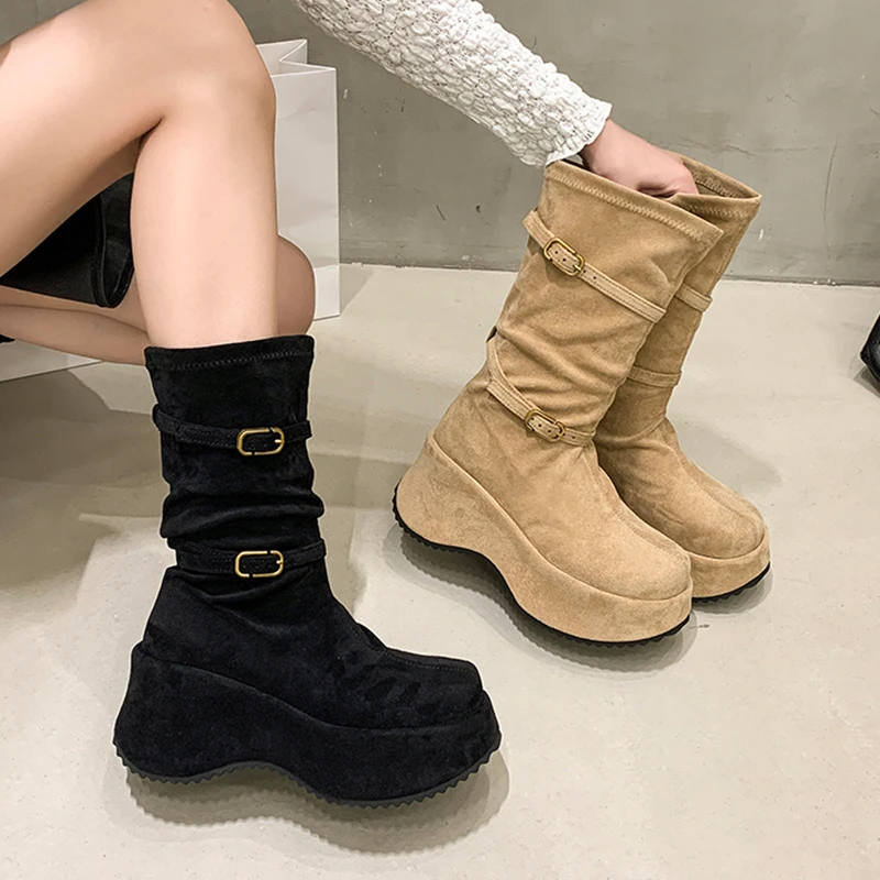 منصة منتصف العجل أحذية للنساء الشتاء أحذية مسطحة موضة حذاء رياضي 2025 مصمم القوطي تشيلسي أحذية المشي Zapatos سيدة