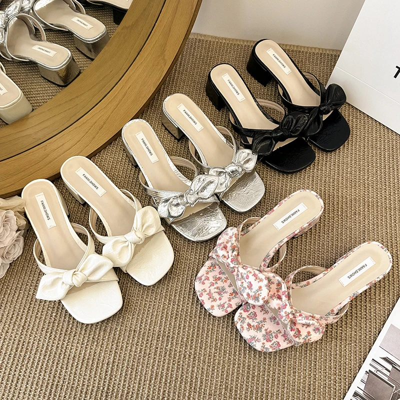 

New Style Women Butterfly-knot Open Toe Slippers Fashion Thick Heel Shoes Ladies Outdoor Casual Party Dress Slides Zapatos Mujer