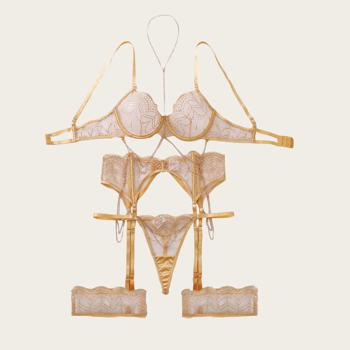 

Golden Women's Lingerie Sets Premium Halter Chain Bra Belt Thong with Leg Cuffs Tempted Intimates Sexy Girls' Underwear