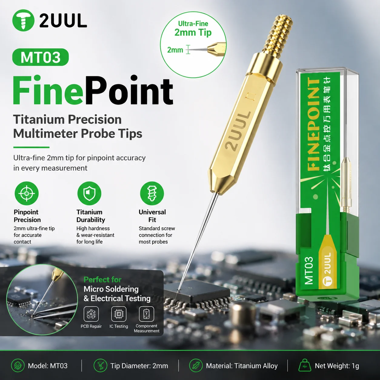 2UUL MT03 FinePoint Titanium Alloy Multimeter Probe Tips Test Needle For Phone PCB Circuit Board Measuring Repair Testing Tools