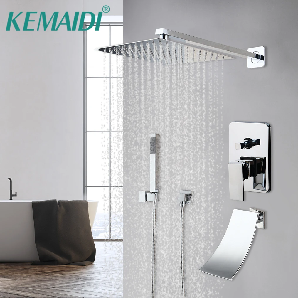 

KEMAIDI Rainfall Shower Faucet Led Rainfall Square Shower Head Wall Mount 2-3 Function Shower Systerm with bathtub Waterfall Tap