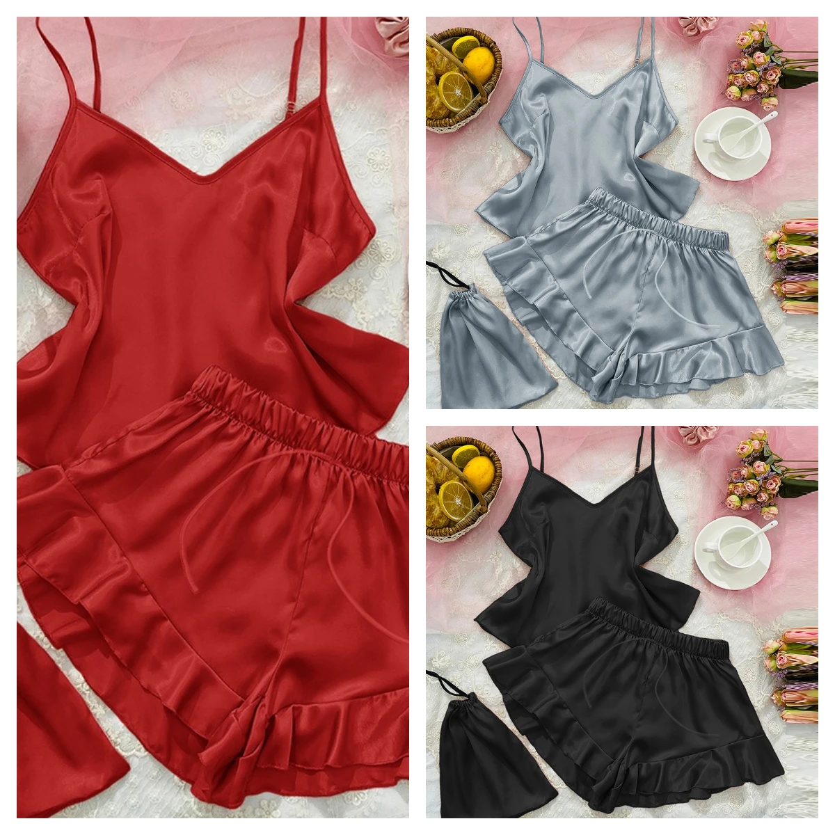 

Pajamas Women's Summer Sexy Loungewear Four-Piece Set of V-Neck Suspender Print Shorts Loose International Women Valentine's Day