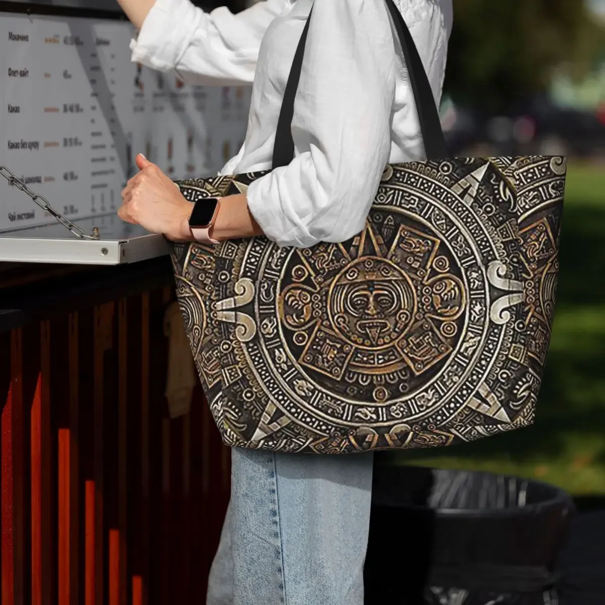 AztecMayan Calendar In Gold And Bronze Beach Tote Bag Sport Gym Yoga Duffle Large Tote Bag Women Travel Bag Fitness bag