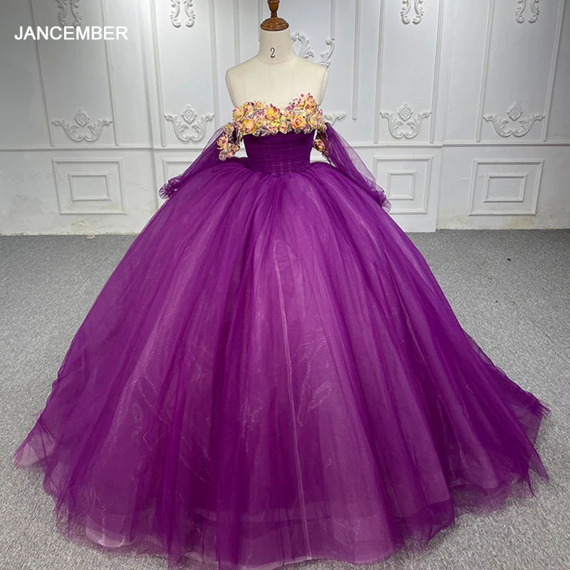 

Stylish Women's Quinceanera Ball Dresse Purple Flower Off Shoulder Full Sleeves Lace High Quality Graduation Party Gown DY1239