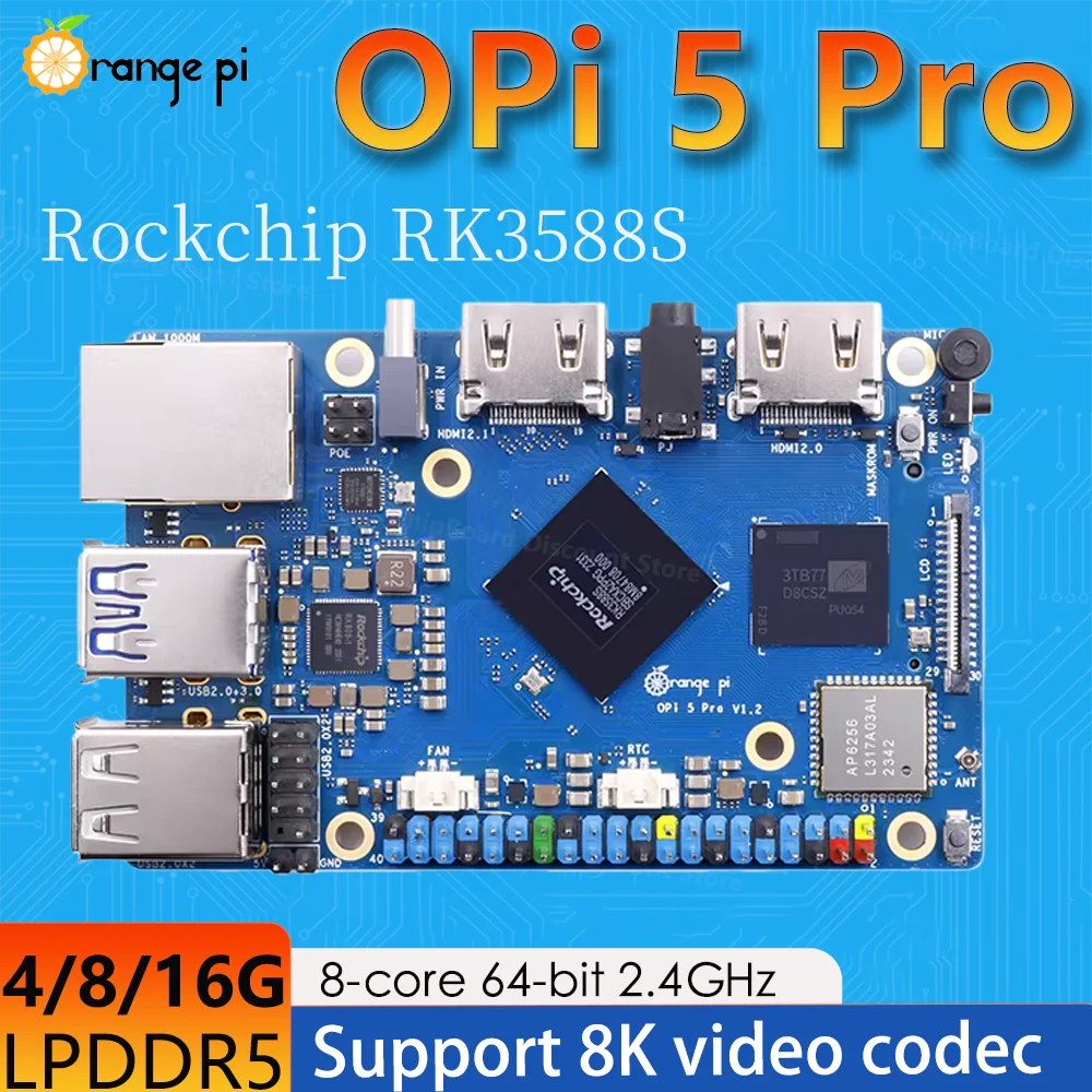 

Orange Pi 5 Pro 4G/8G/16G Ram Одноплатный RK3588S LPDDR5 Wifi5.0-BT5 M2.0 Поддержка SSD