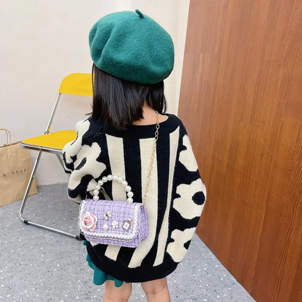 New Flower Decoration Small Square Bag Pearl Handle Korean Style Crossbody Bags Mini Kid's Handbag Girls