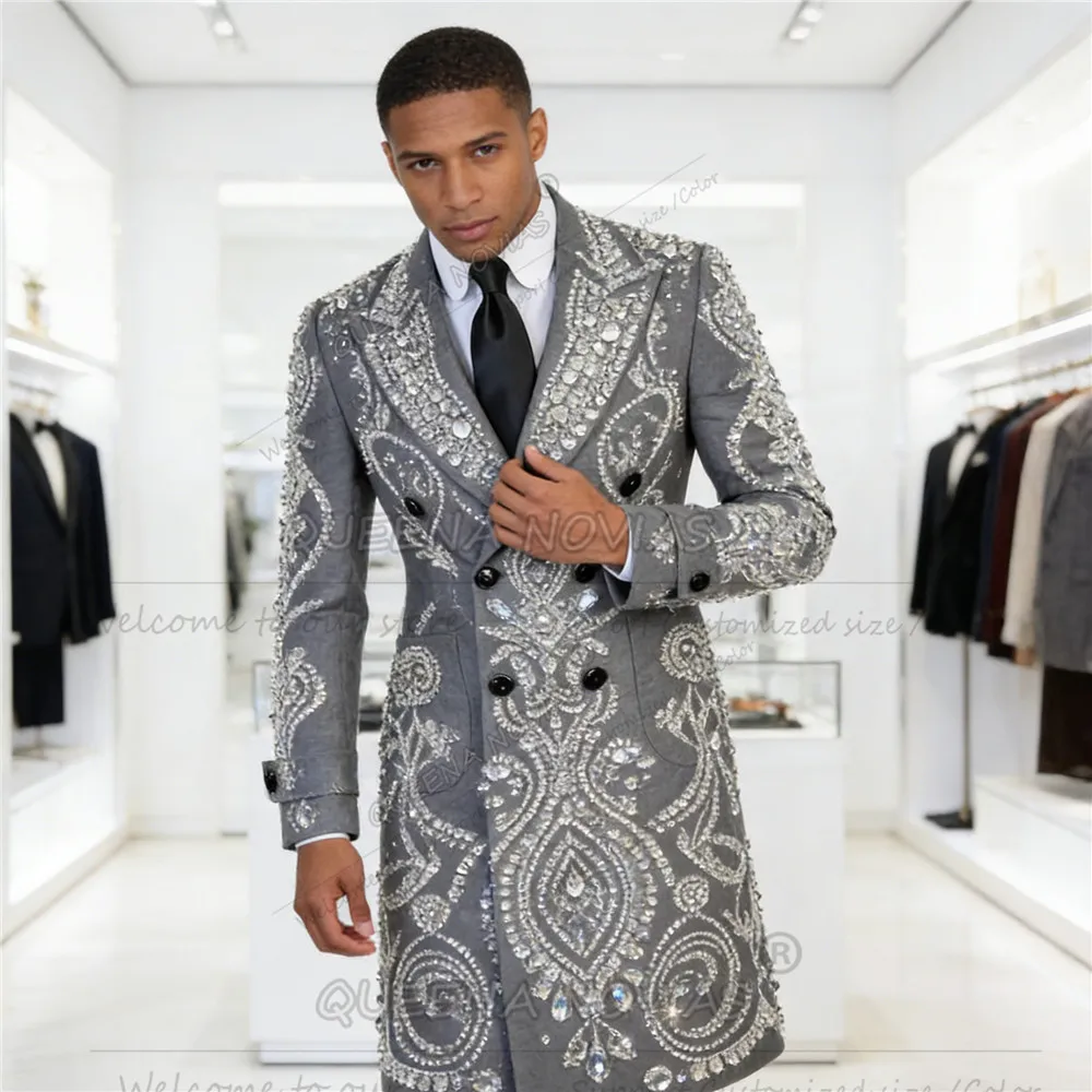 Brilliant Jewelry Beads Mens Suit Long Groom Tuxedos Customized 2 Piece Set Costume Homme Male Outfits Dinner Party Prom Blazer