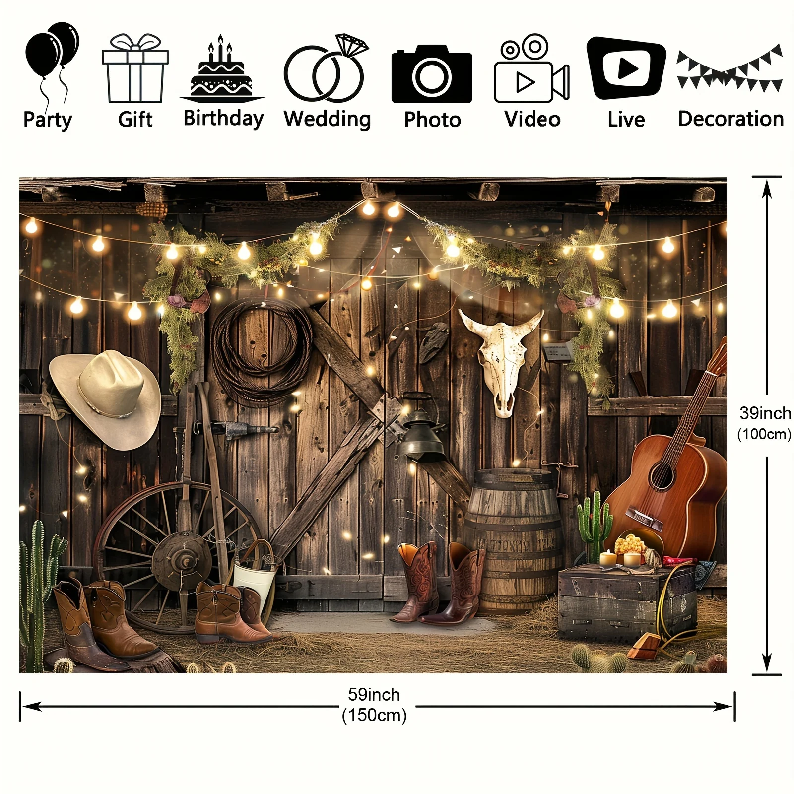 Cowboy themed Polyester background - rustic wooden doors and denim accessory party banners for birthdays, bachelorette parties