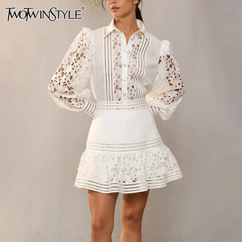 TWOTWINSTYLE Embroidery Hollow Out Two Piece Set For Women Lapel Long Sleeve Top High Waist Mini Skirt Solid Casual Sets Female