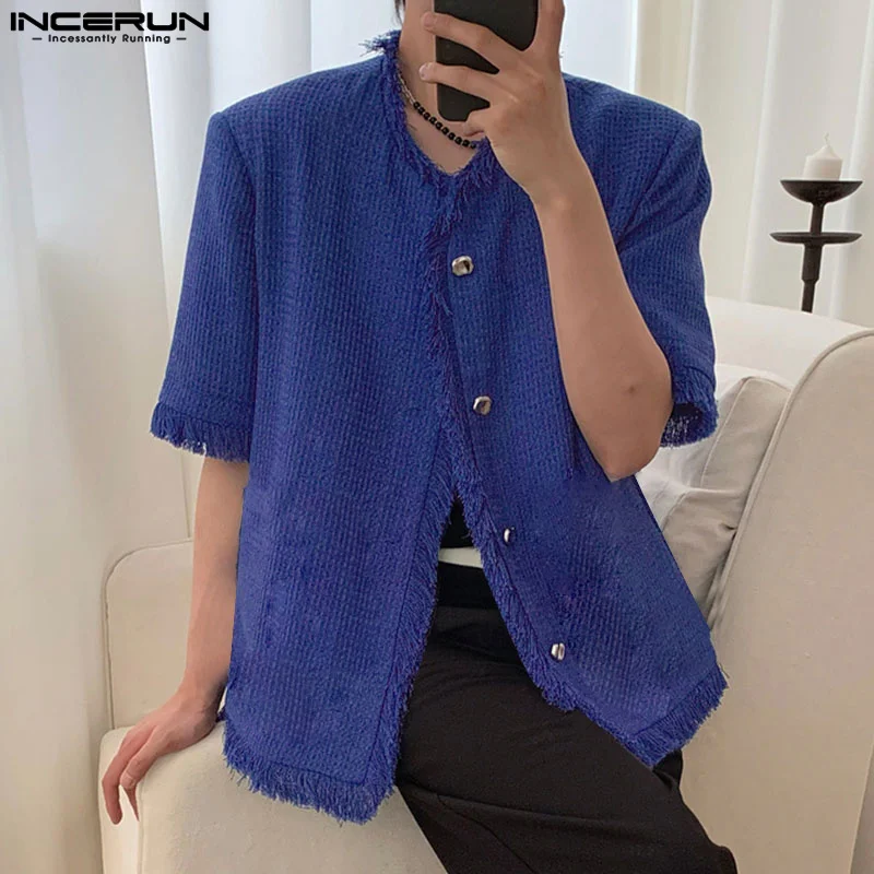 2023 Fashion Men Shirt Tassel Short Sleeve Button Up Streetwear Solid Casual Shirts Summer Korean Men Clothing INCERUN S-5XL