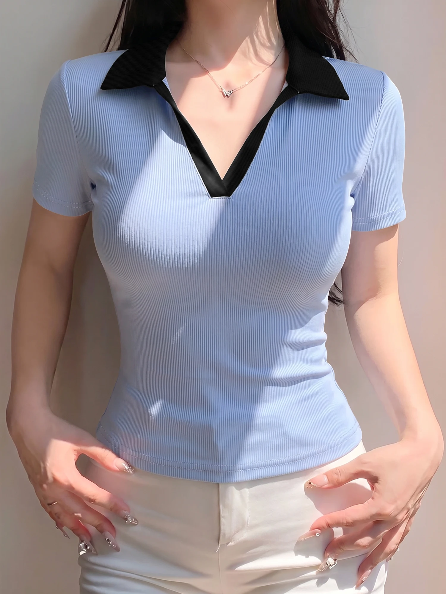 Resort Sporty Rib Blouse, Split V Neck Notch Lapel Polo for Golf & Coastal Sunset Strolls