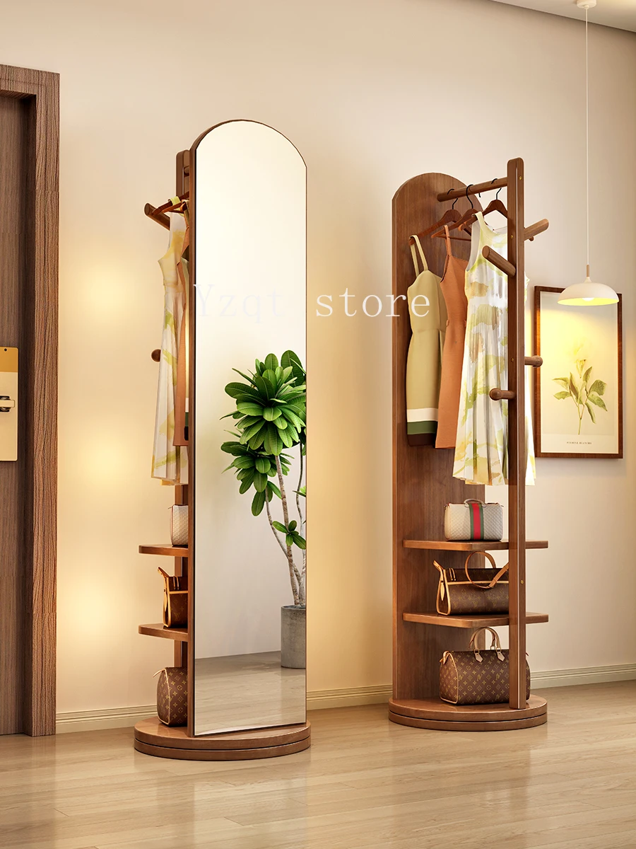 

Solid wood hanger Bedroom floor coat rack with mirror Movable multi-functional rack