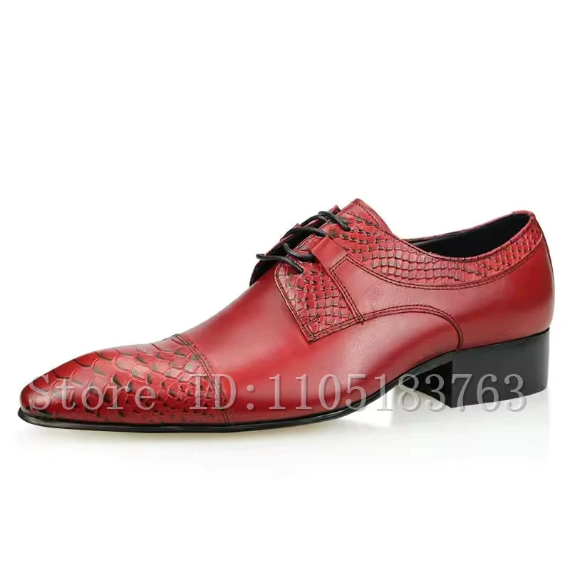 Men's Red Genuine Leaher Oxford Shoes, Elegant Pointed Toe Lace-Up Formal Dress Shoes for Wedding & Business view 3