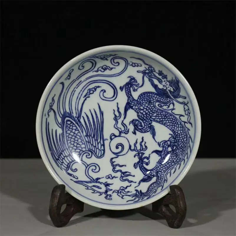 Exquisite Chinese blue and white porcelain Dragon & phoenix pattern small plate modern handicrafts