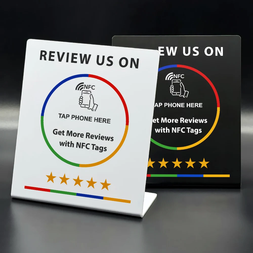 programmable Google Review Card 13.56Mhz NFC station table NFC Google Reviews display bending card standing brand bracket