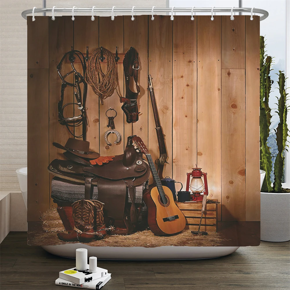 Rustic Western Cowboy Shower Curtain American Country Music Bathroom Curtain Set Bath Mat Rug Carpet Bathtub Accessories Decor