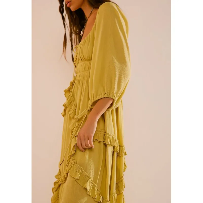 Vestido playero bohemio Vintage de verano, Vestidos largos de manga larga y cintura alta, estilo bohemio, vestido veraniego con volantes de encaje de Color sólido para Mujer