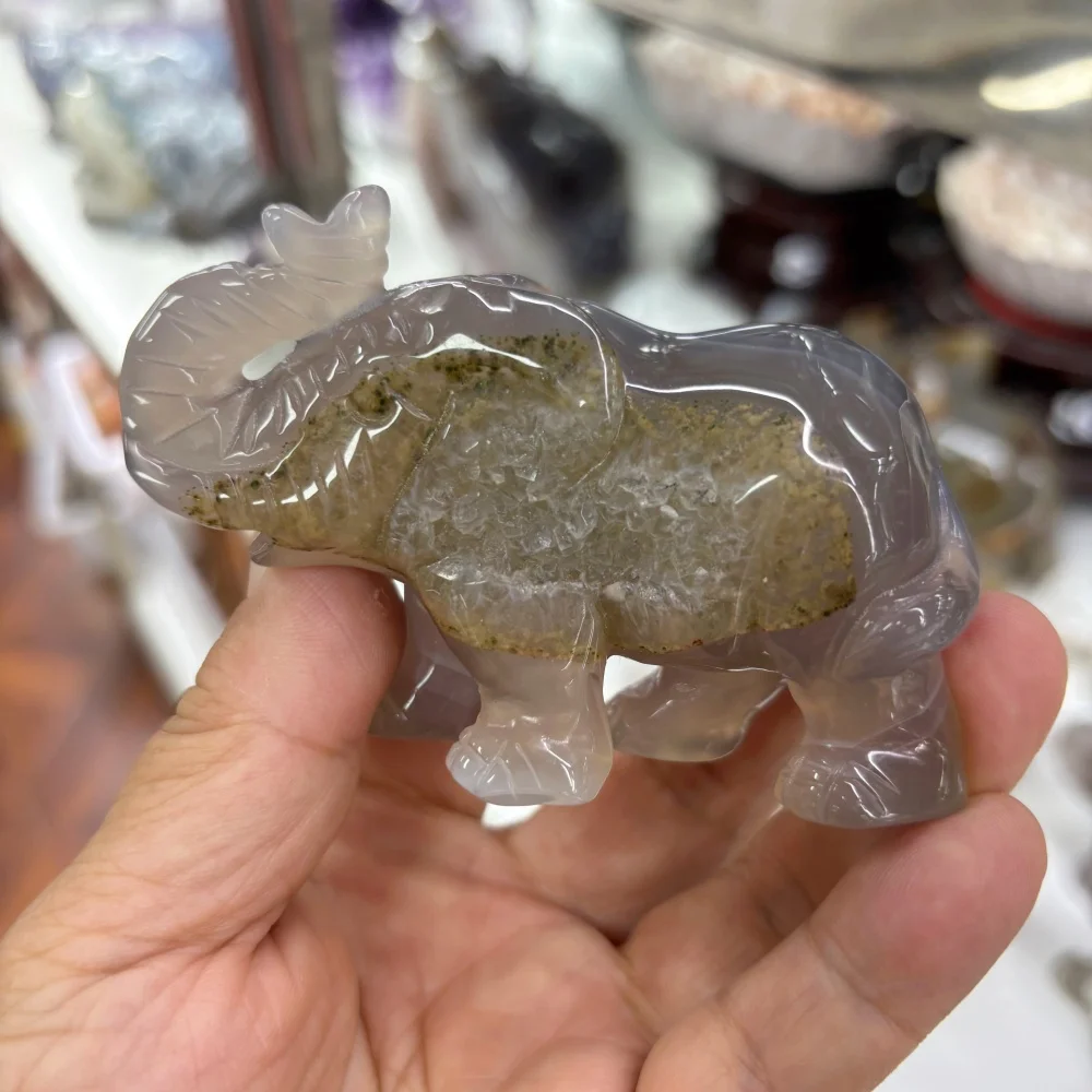 Natural Purple Grey Agate Elephant Carving Druzy Crystal Animal Sculpture Desktop Ornament Home Decoration Collectible Gift