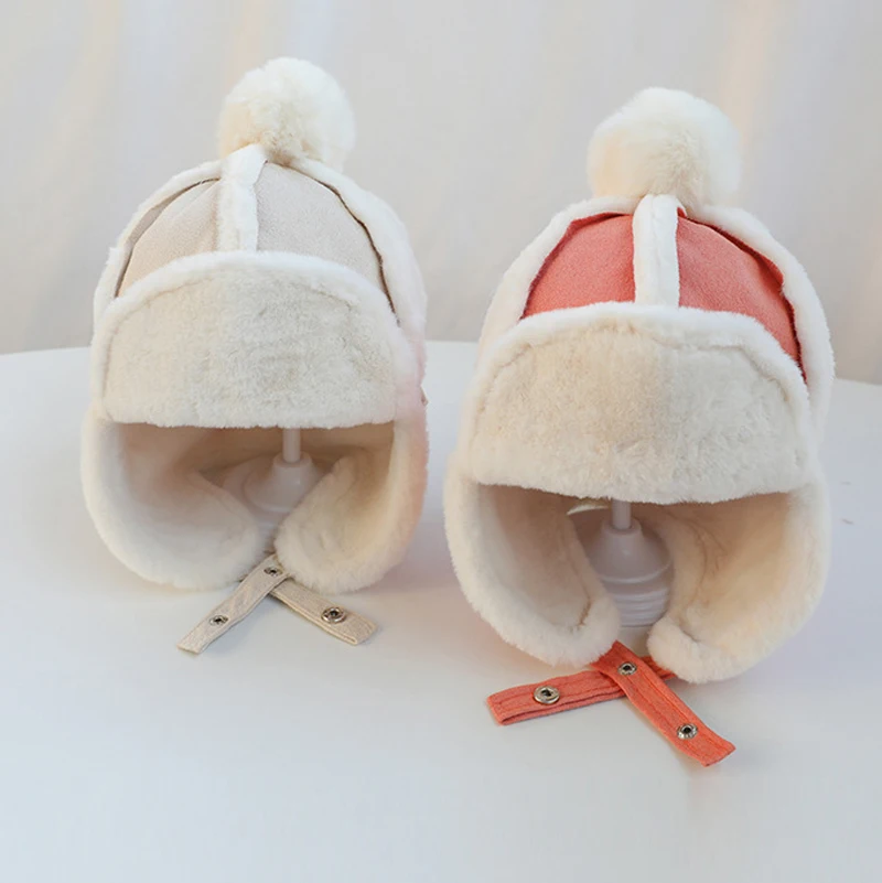 Baby Winter Hat Plush Lining Kids Cap with Earflap Faux Fur Hats for Boy Girl Skiing Windproof Infant Bonnet Korea Infant Beanie