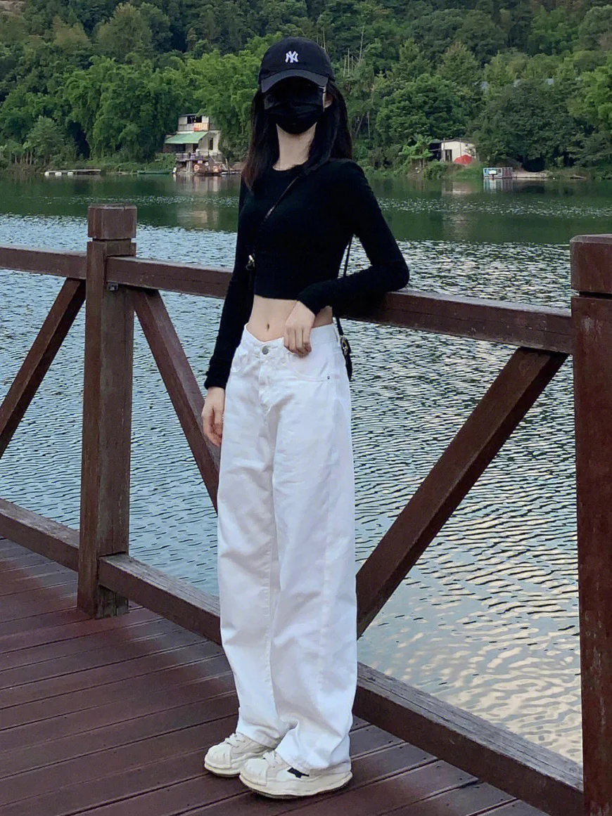

Faionable White Straight Leg Jeans Women's Loose Korean Sle Wide Leg Pants Thin Autumn Long Trousers High Waist Zipper