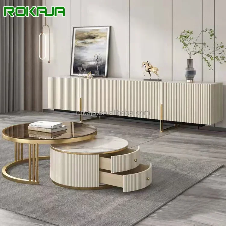 Modern Rock Panel TV Cabinet Combination Set Simple Living Room Round Coffee Table Floor Cabinet Wholesale Price