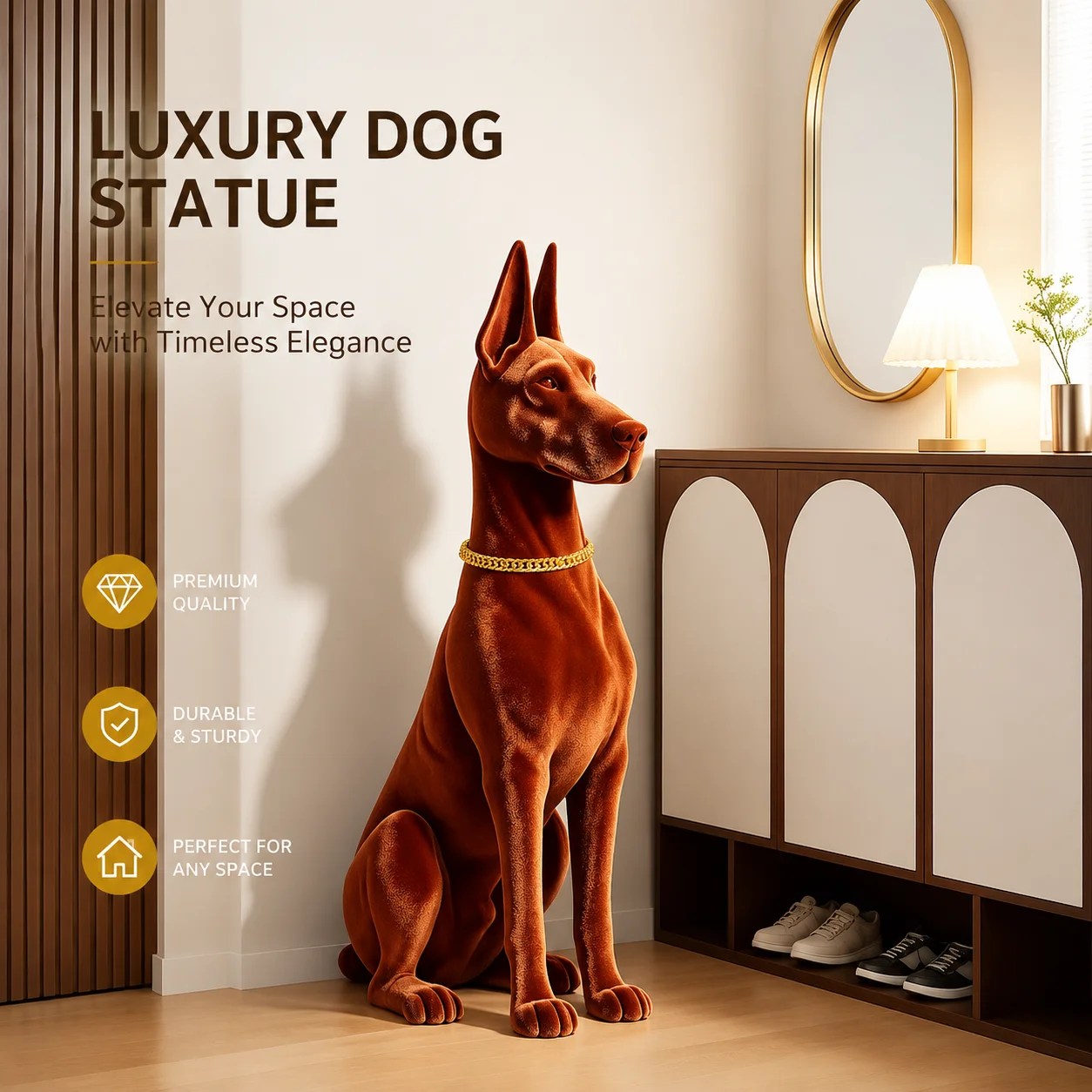Large Resin Doberman Sculpture – Flocked Floor Art for Living Room, Modern Home Decor & Housewarming Gift