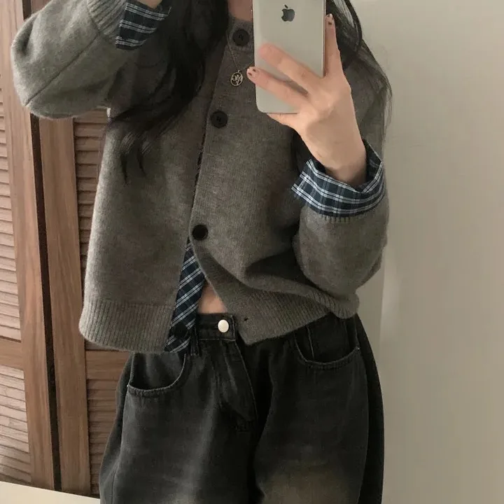 

Женский шикарный свободный вязаный свитер Leniwy Sle ort Sve Long Sve, корейская версия, клетчатый искусственный двухсекционный вязаный открытый кардиган