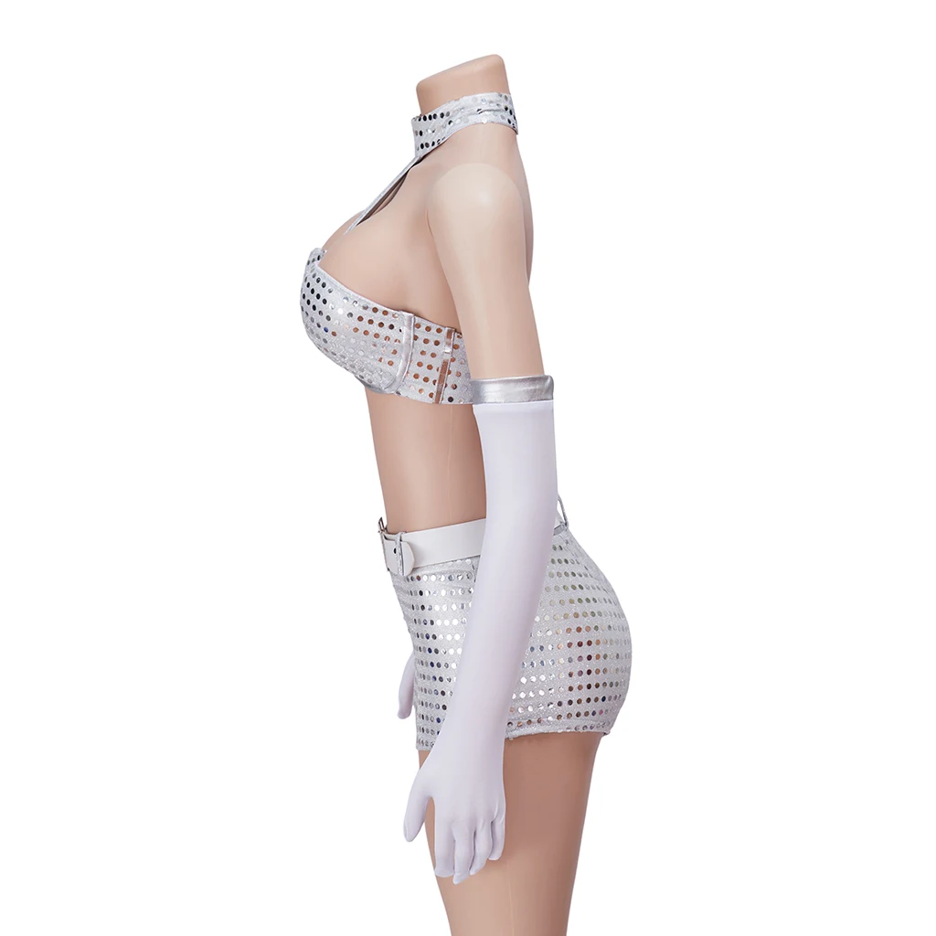 Austin Powers Fembot 코스프레 코스튬 여성용 섹시한 상의 반바지, 세트 댄스 복장, 할로윈 파티 은색 옷